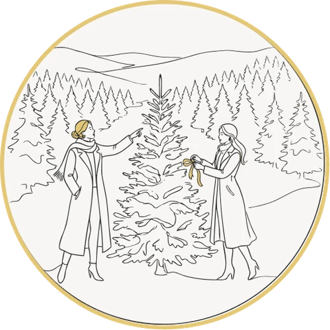 Two florists choose a fir tree in the forest and tie a gold ribbon to it