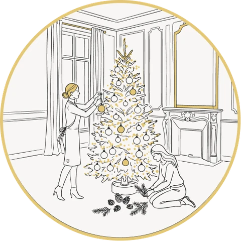 In a Haussmann drawing room, two florists finish decorating a lit tree
