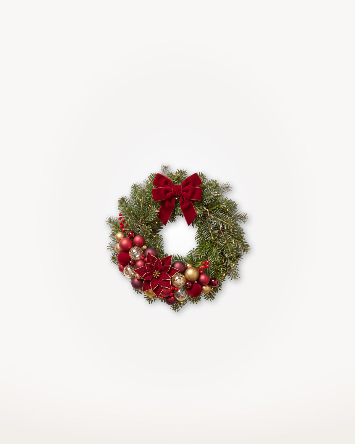 Couronne de Noël Grand Apparat Opéra de 30 cm : nœud de velours rouge, poinsettias et boules rouge et or 