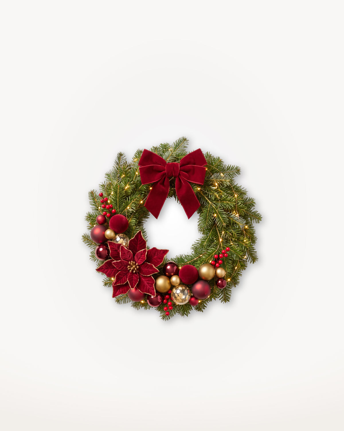 Grand Apparat Opéra Christmas wreath, 40 cm: red velvet bow, poinsettias, red and gold baubles 