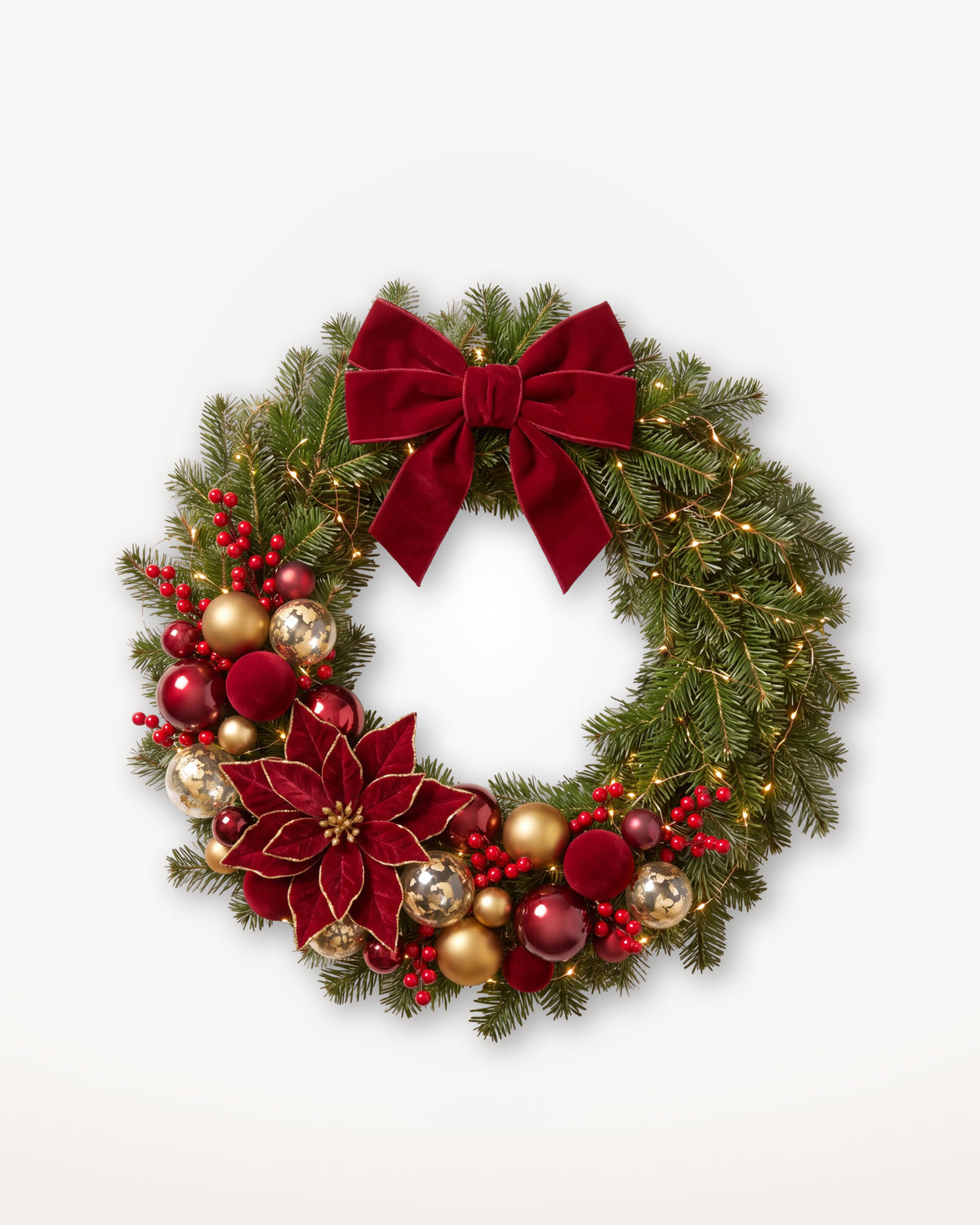 Grand Apparat Opéra Christmas wreath, 60 cm: red velvet bow, poinsettias, red and gold baubles 