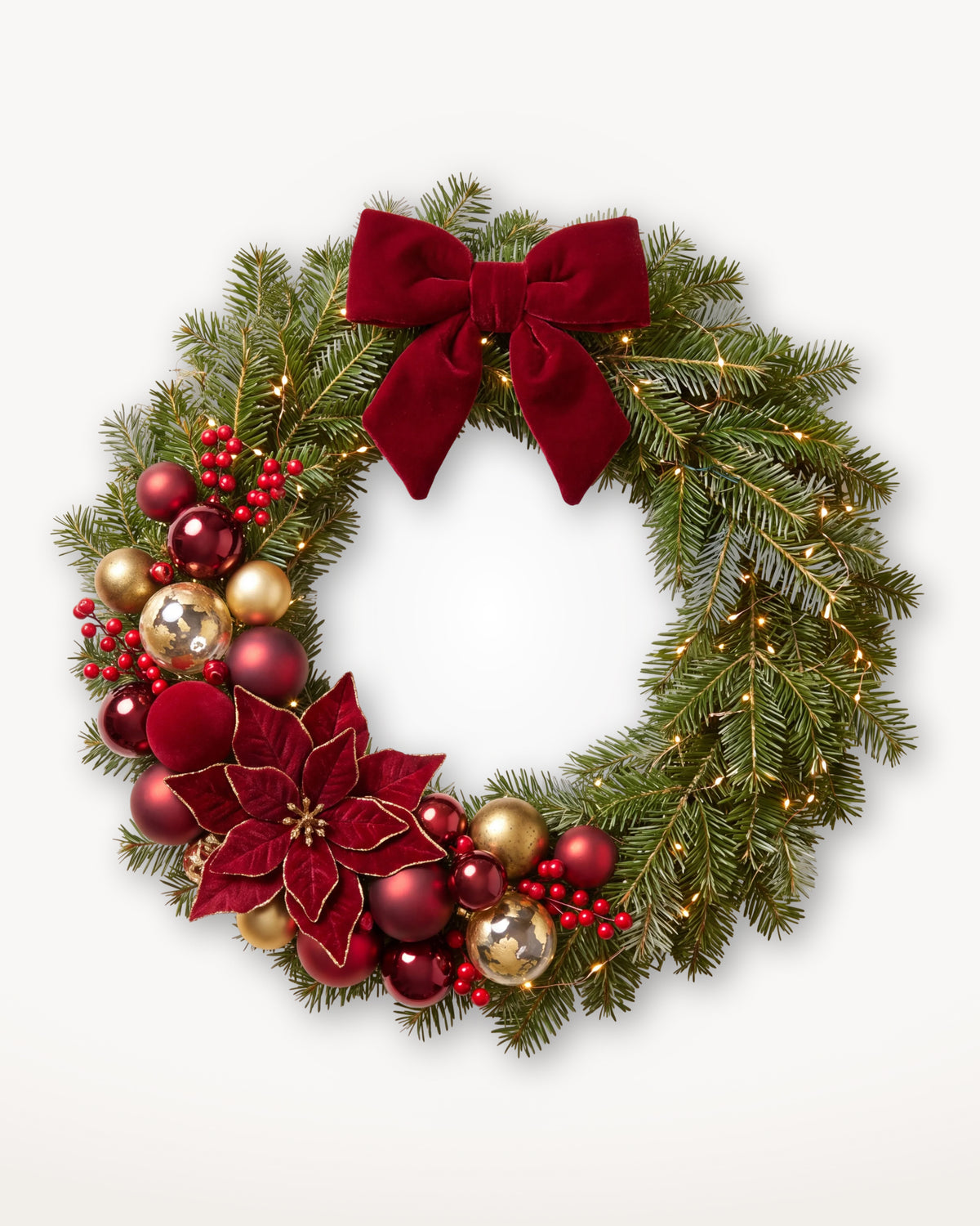 Grand Apparat Opéra Christmas wreath, 70 cm: red velvet bow, poinsettias, red and gold baubles 