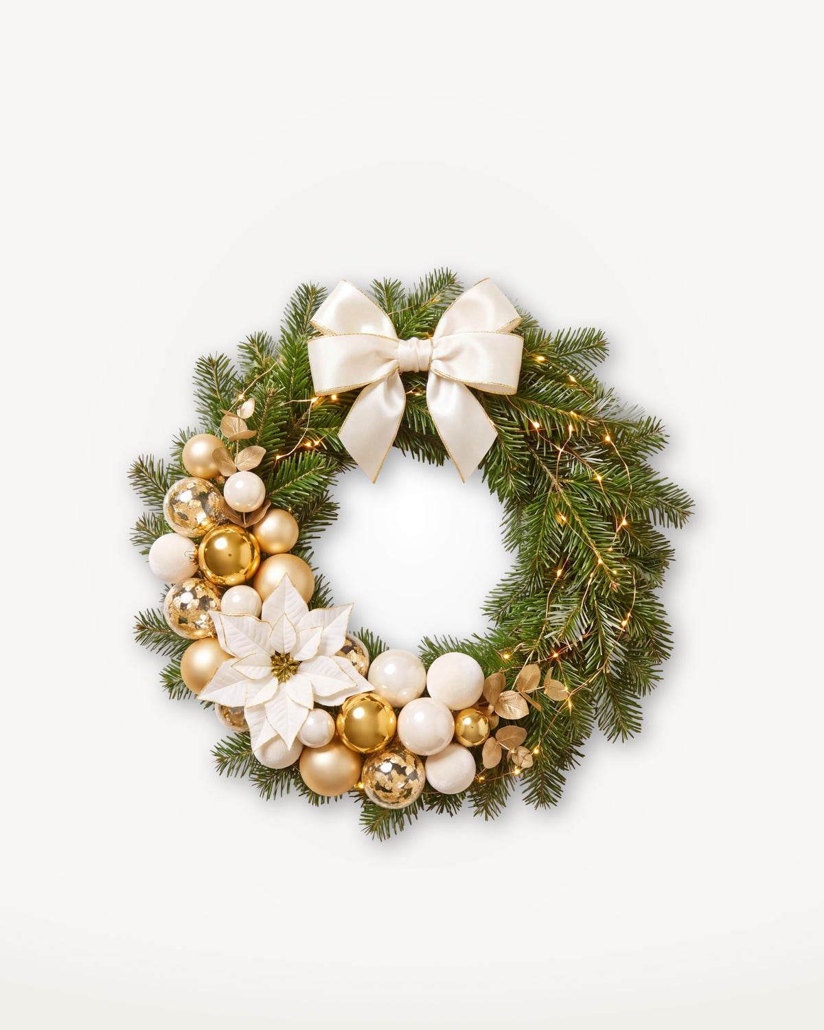 Couronne de Noël Grand Apparat Sacré-Cœur de 50 cm : nœud de satin ivoire, poinsettia blanc et boules or #50-cm