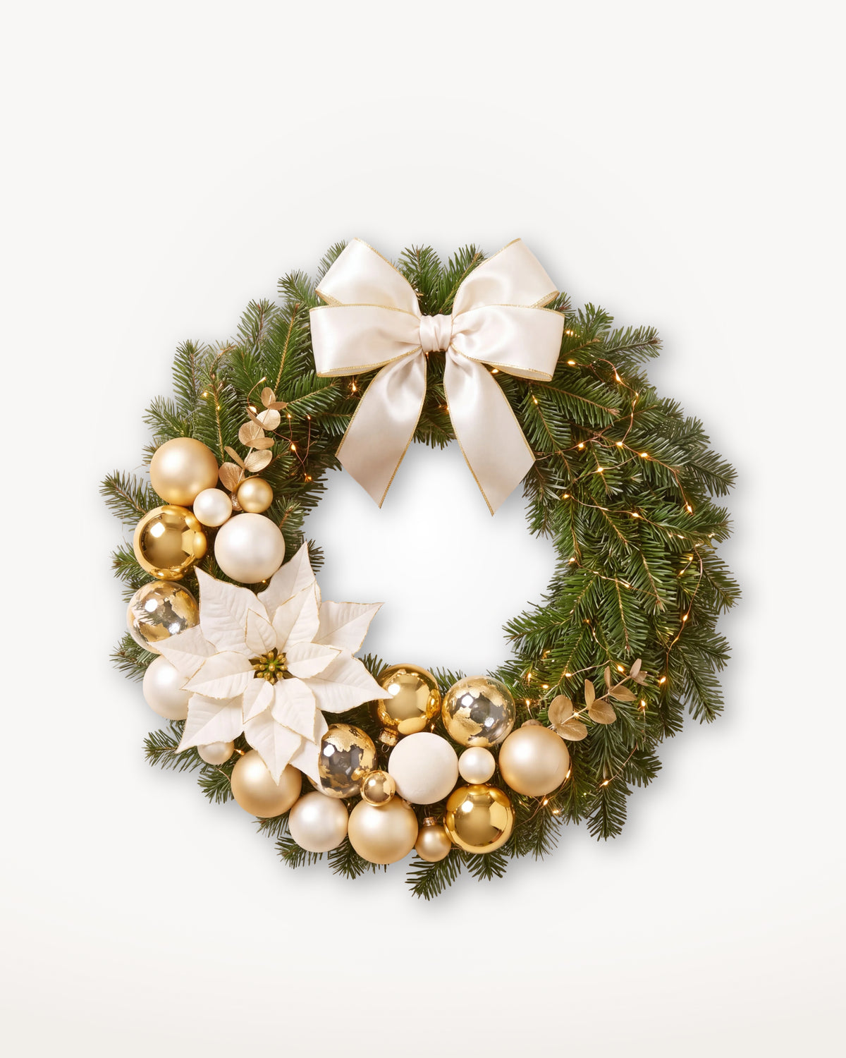 Grand Apparat Sacré-Cœur Christmas wreath, 60 cm: ivory satin bow, white poinsettia and gold baubles 
