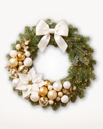 Grand Apparat Sacré-Cœur Christmas wreath, 70 cm: ivory satin bow, white poinsettia and gold baubles 