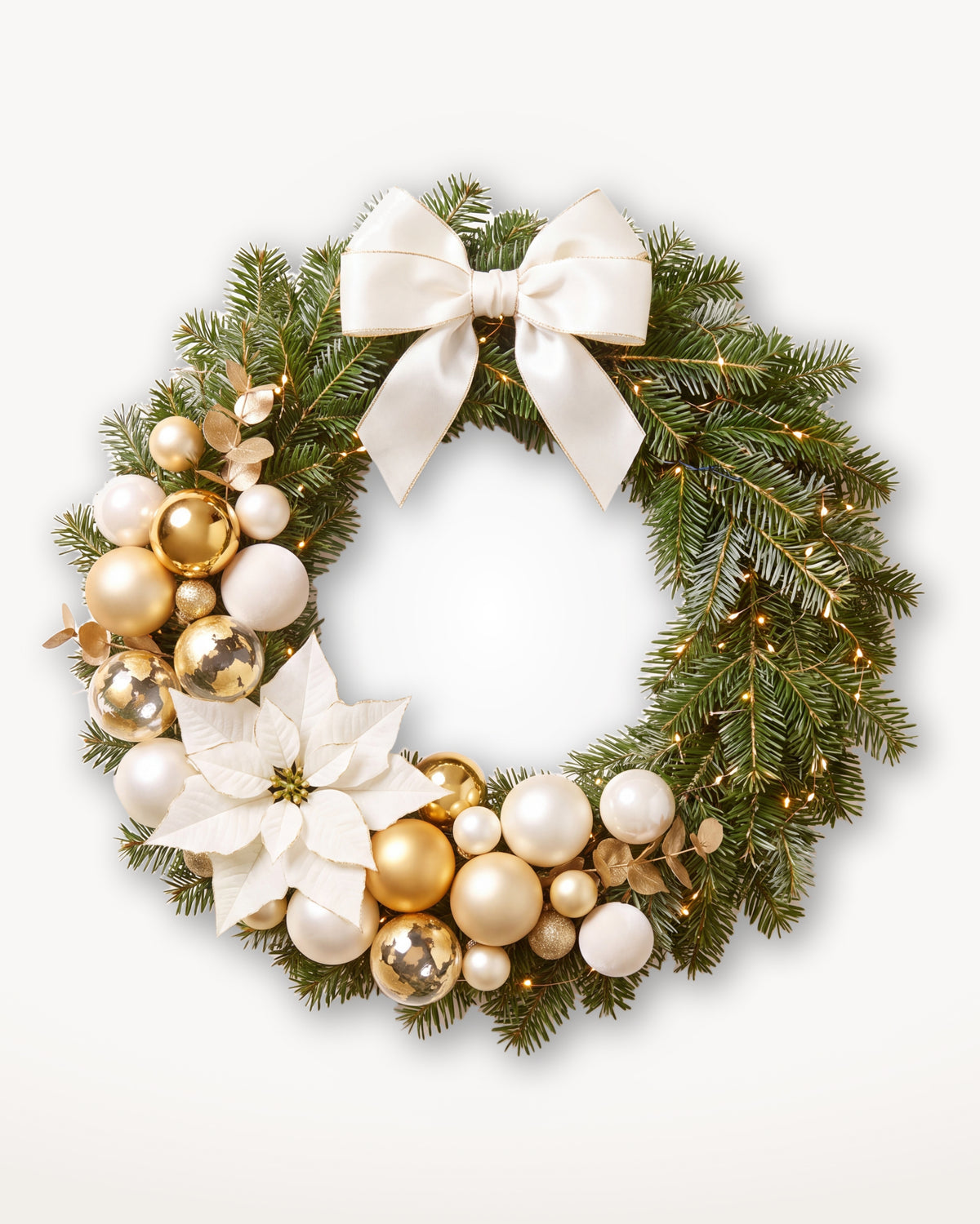 Grand Apparat Sacré-Cœur Christmas wreath, 70 cm: ivory satin bow, white poinsettia and gold baubles 