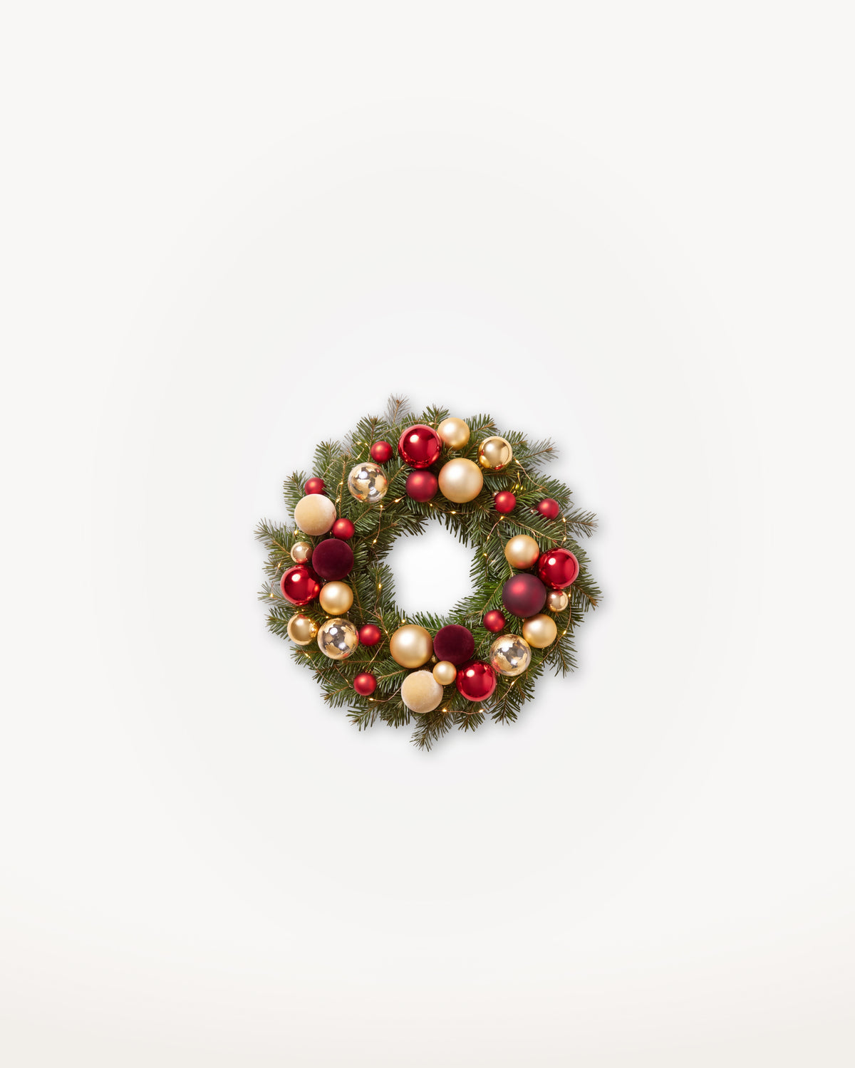Couronne de Noël Parure Opéra de 30 cm : Nordmann naturel, boules rouges, or et bordeaux en grappes 