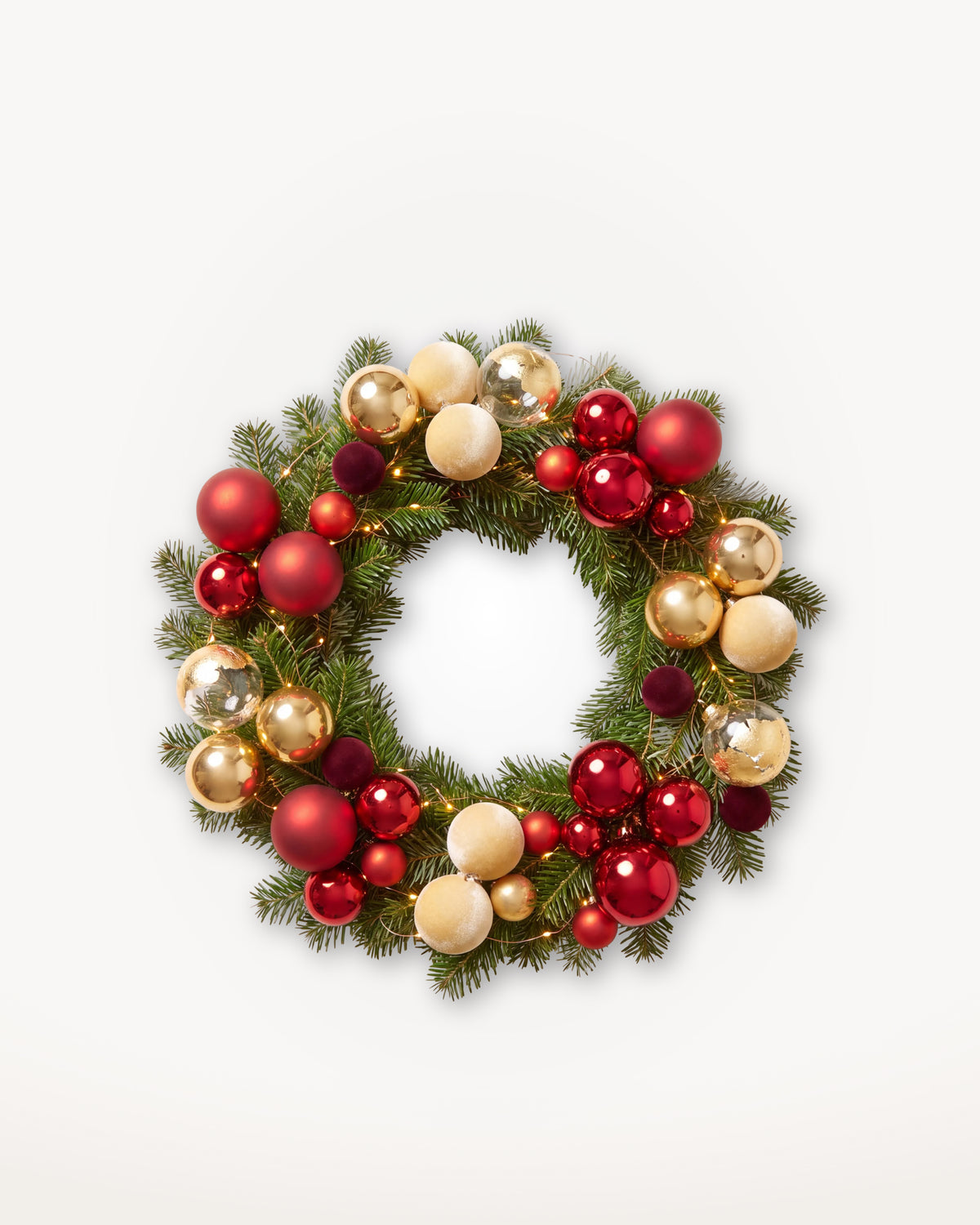 Couronne de Noël Parure Opéra de 50 cm : Nordmann naturel, boules rouges, or et bordeaux en grappes #50-cm