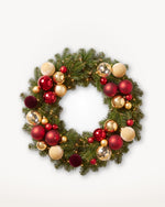 Couronne de Noël Parure Opéra de 60 cm : Nordmann naturel, boules rouges, or et bordeaux en grappes 