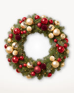 Couronne de Noël Parure Opéra de 70 cm : Nordmann naturel, boules rouges, or et bordeaux en grappes 