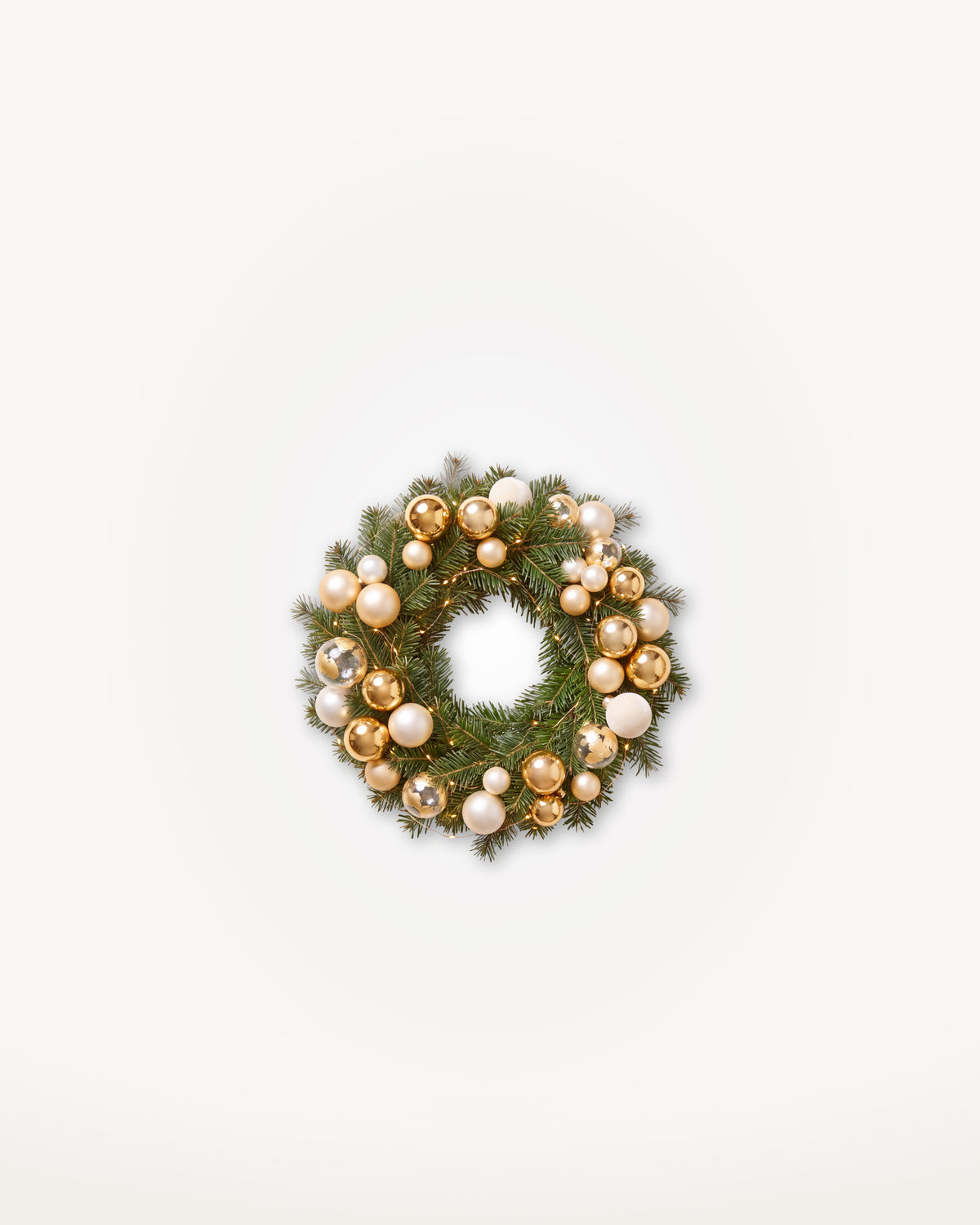 Couronne de Noël Parure Sacré-Cœur de 30 cm : Nordmann naturel, boules or et ivoire en grappes 