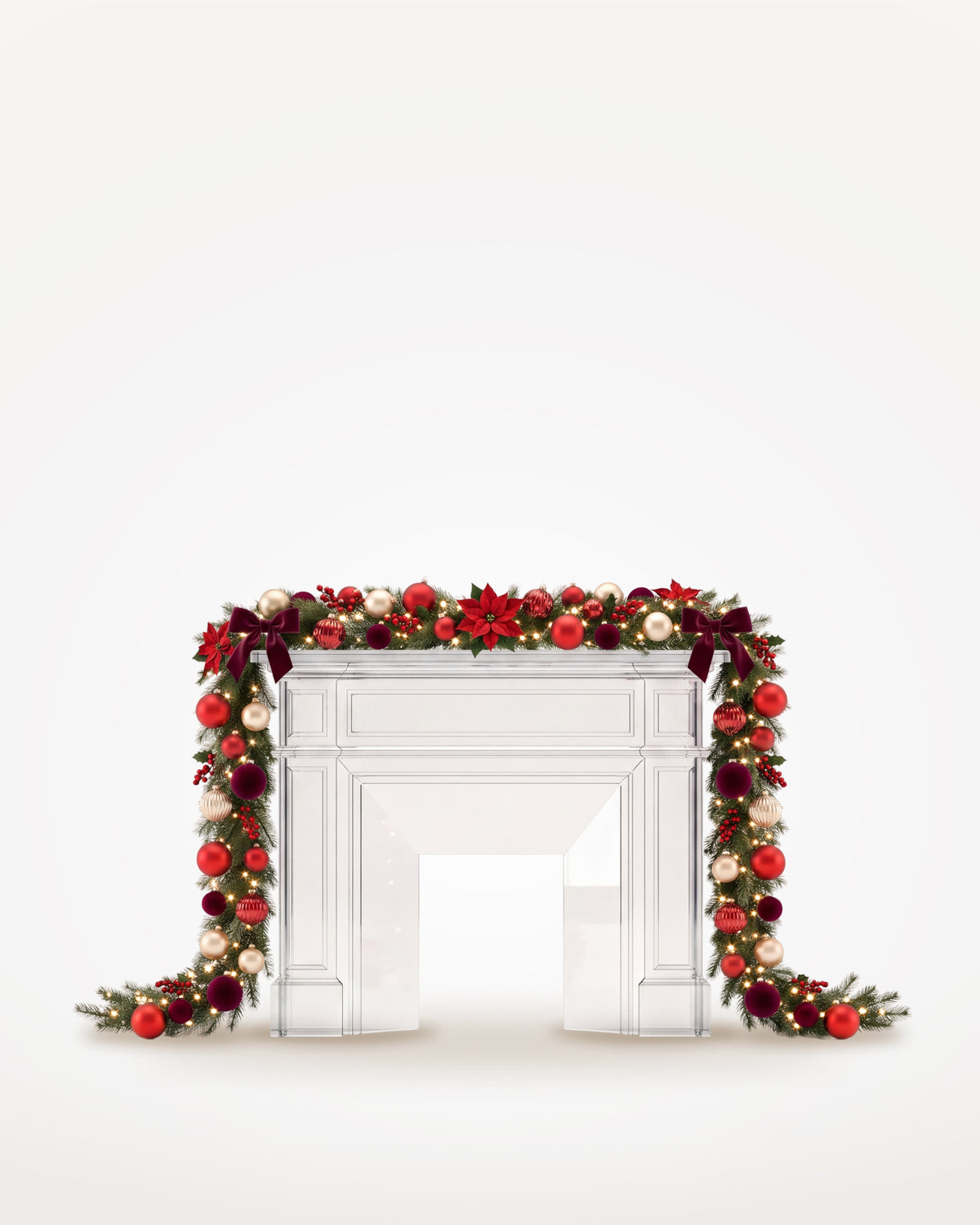 Dessus de cheminée Grand Apparat Opéra, boules, nœuds de velours et poinsettias rouges, guirlande de 3,50 m jusqu’au sol 