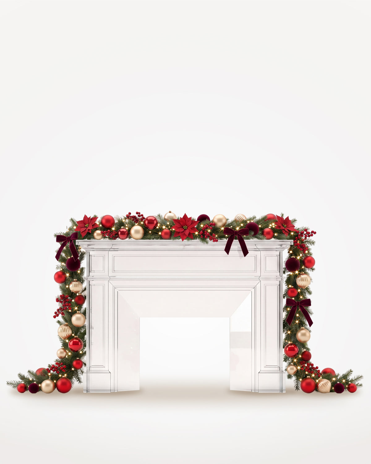 Dessus de cheminée Grand Apparat Opéra, boules, nœuds de velours et poinsettias rouges, guirlande de 4 m jusqu’au sol 
