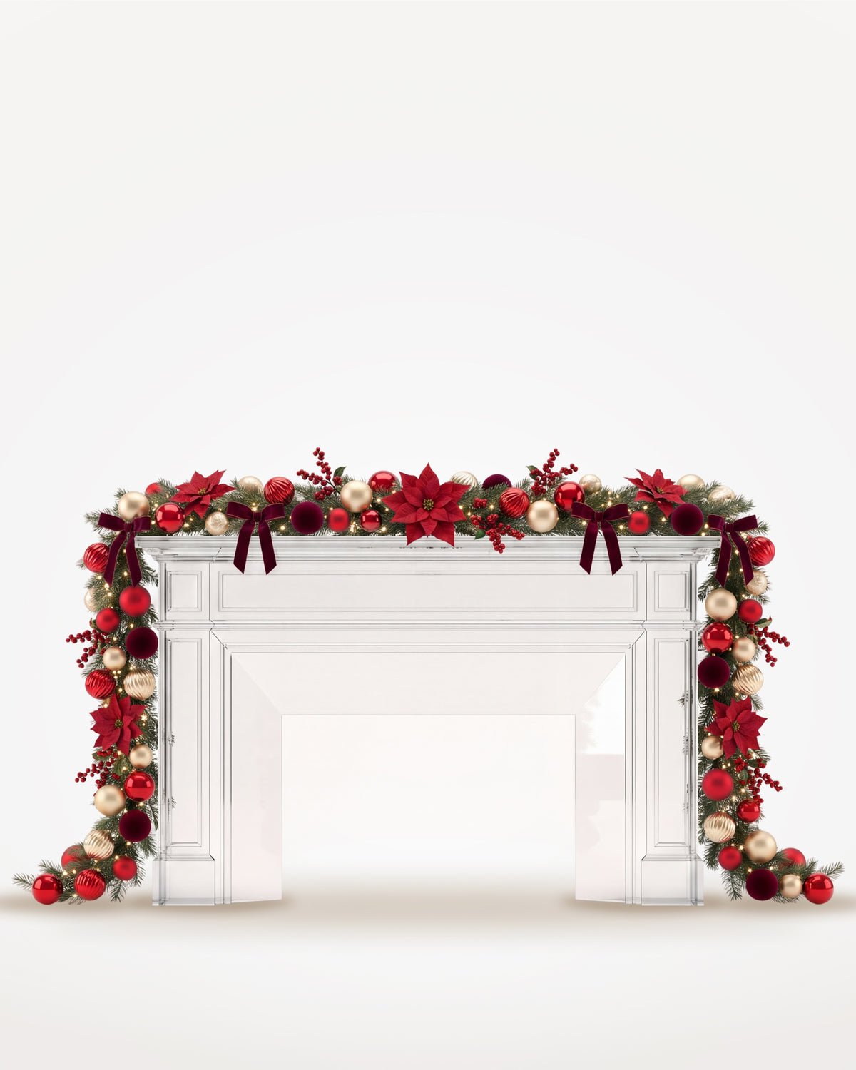 Dessus de cheminée Grand Apparat Opéra, boules, nœuds de velours et poinsettias rouges, guirlande de 4,50 m jusqu’au sol 