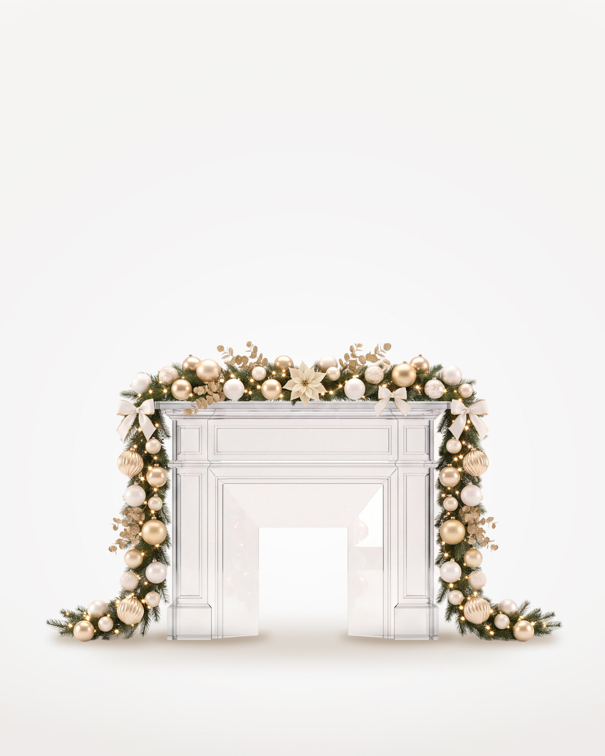 Dessus de cheminée Grand Apparat Sacré-Cœur, boules, nœuds de satin et poinsettias blancs, guirlande de 3,50 m jusqu’au sol 