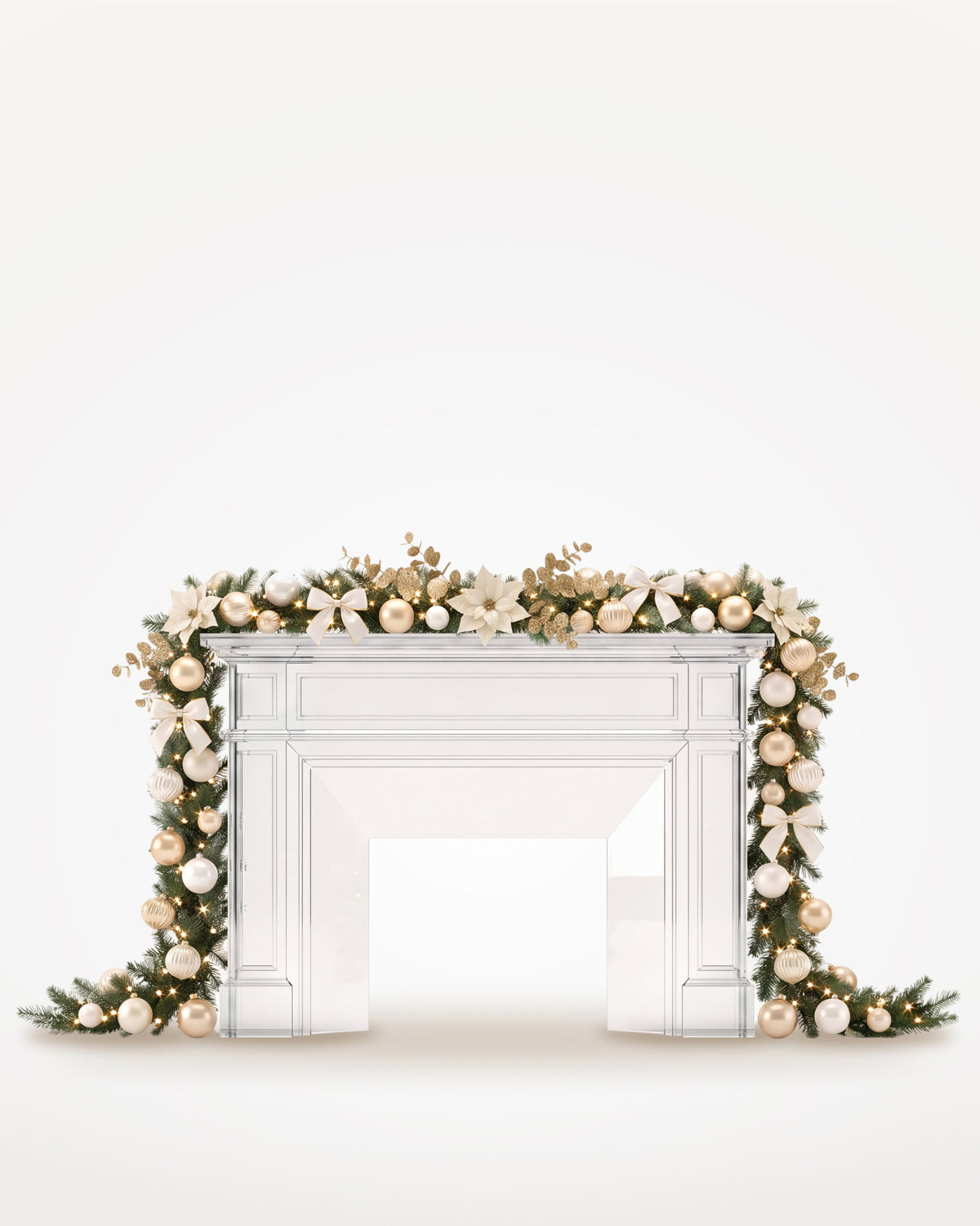 Dessus de cheminée Grand Apparat Sacré-Cœur, boules, nœuds de satin et poinsettias blancs, guirlande de 4 m jusqu’au sol #moyenne-4-00-m