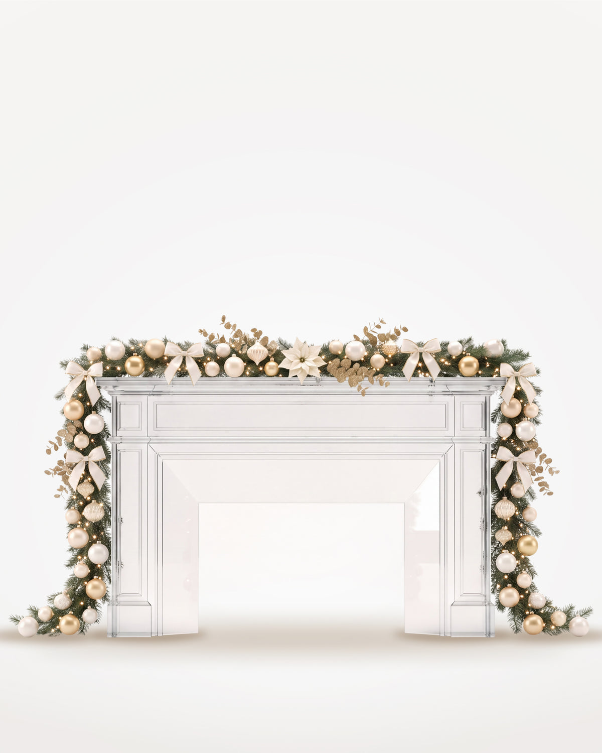 Dessus de cheminée Grand Apparat Sacré-Cœur, boules, nœuds de satin et poinsettias blancs, guirlande de 4,50 m jusqu’au sol 