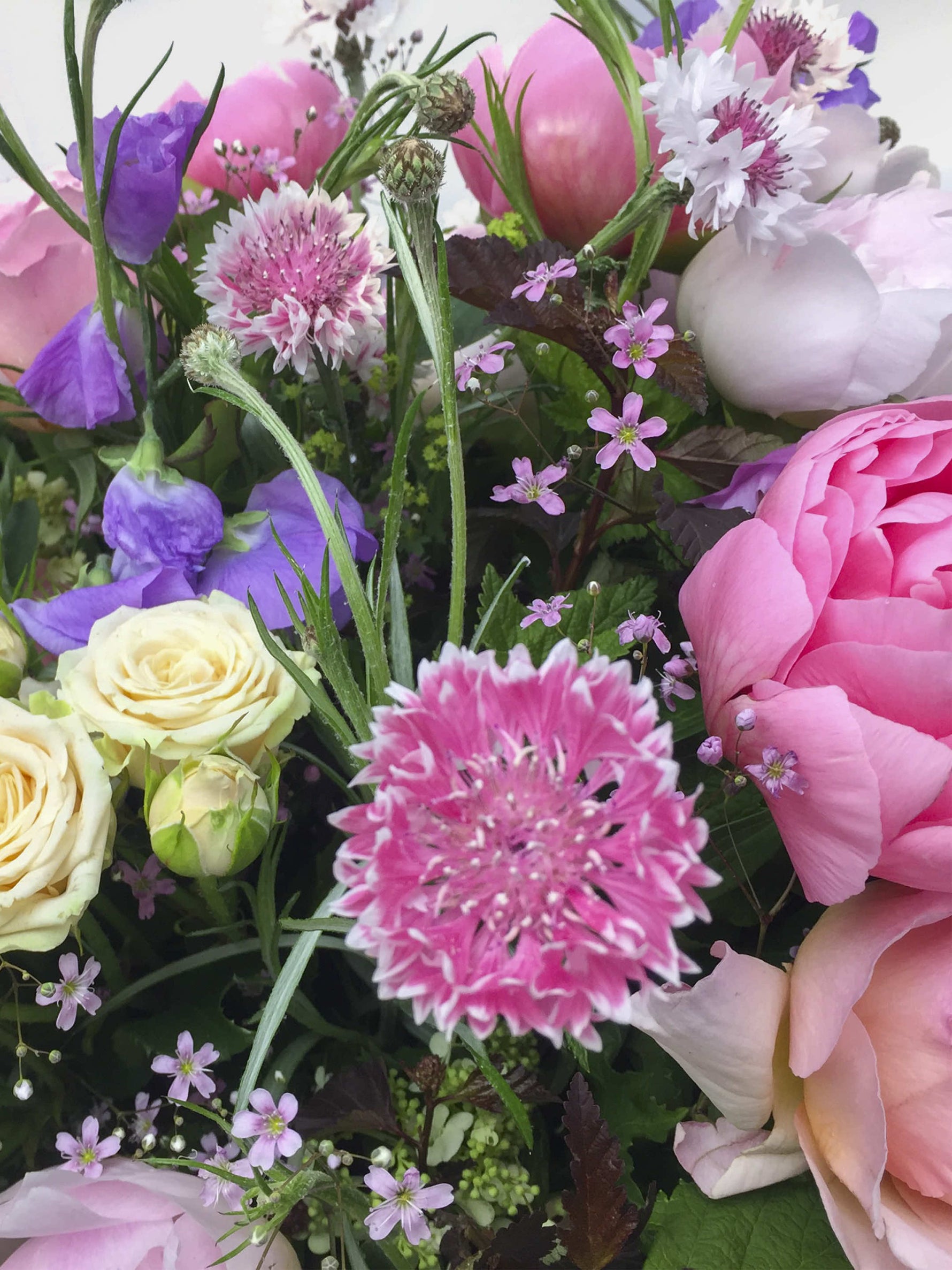 Bouquet champêtre Jardin des Plantes mêlant pivoines roses, roses ivoire, centaurées et fleurs sauvages violettes et lilas