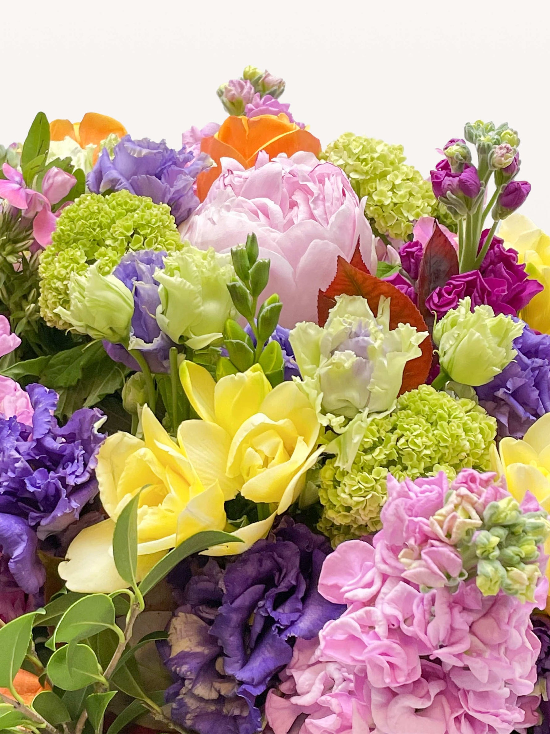 Bouquet rond XL de fleurs multicolores mêlant pivoines roses, lisianthus violets, tulipes jaunes et viornes vertes dans un camaïeu printanier
