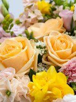 Point du Jour M, roses pêche perlées d'eau parmi renoncules jaunes et œillets roses