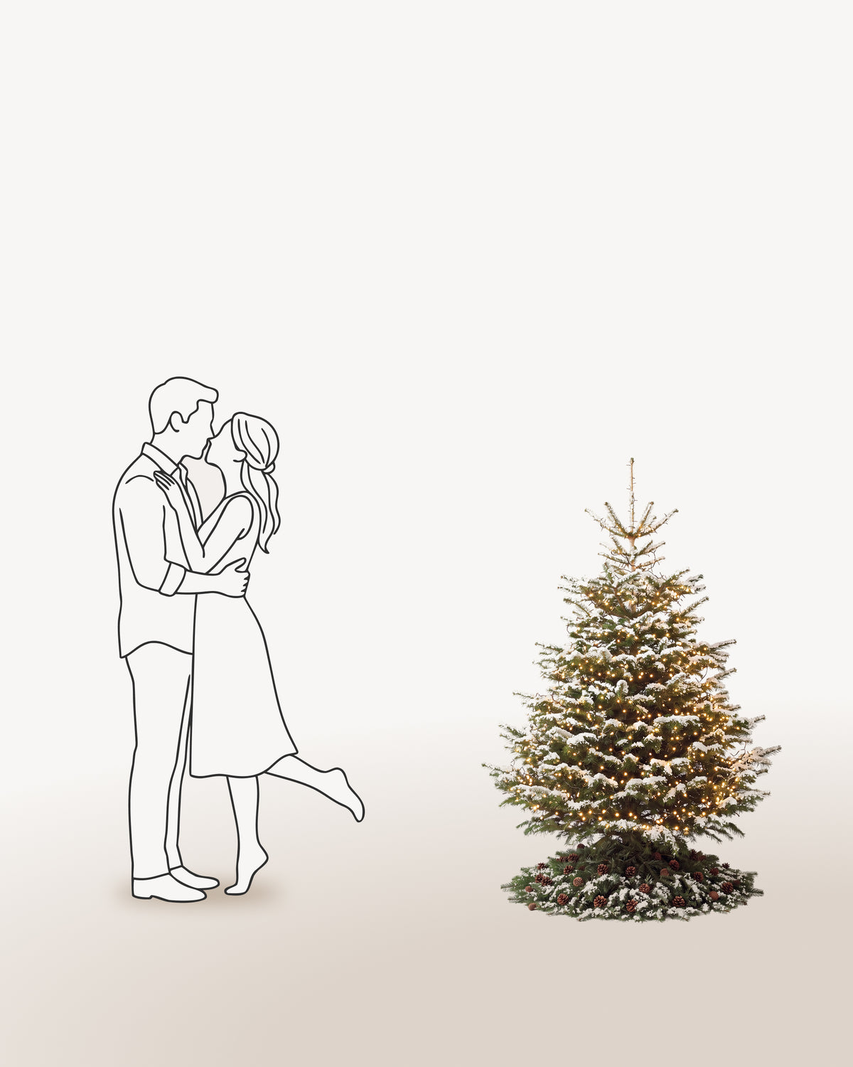 Sapin de Noël Étincelles de 150 cm représenté à l'échelle à côté de silhouettes, pour juger de sa hauteur 