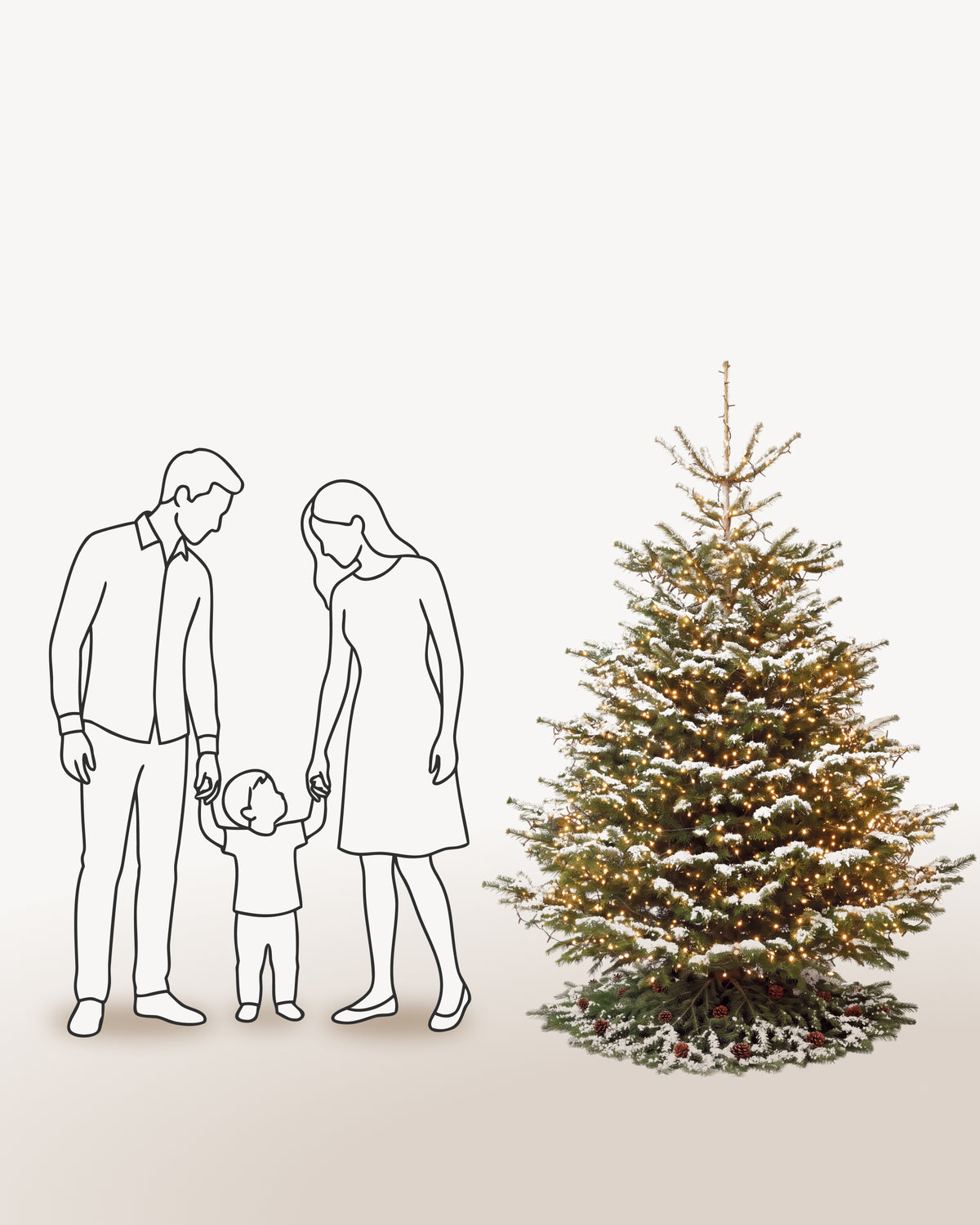 Sapin de Noël Étincelles de 200 cm représenté à l'échelle à côté de silhouettes, pour juger de sa hauteur 