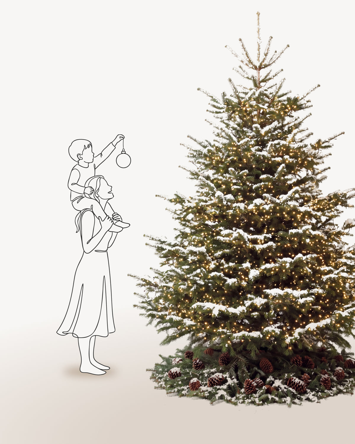 Sapin de Noël Étincelles de 300 cm représenté à l'échelle à côté de silhouettes, pour juger de sa hauteur 