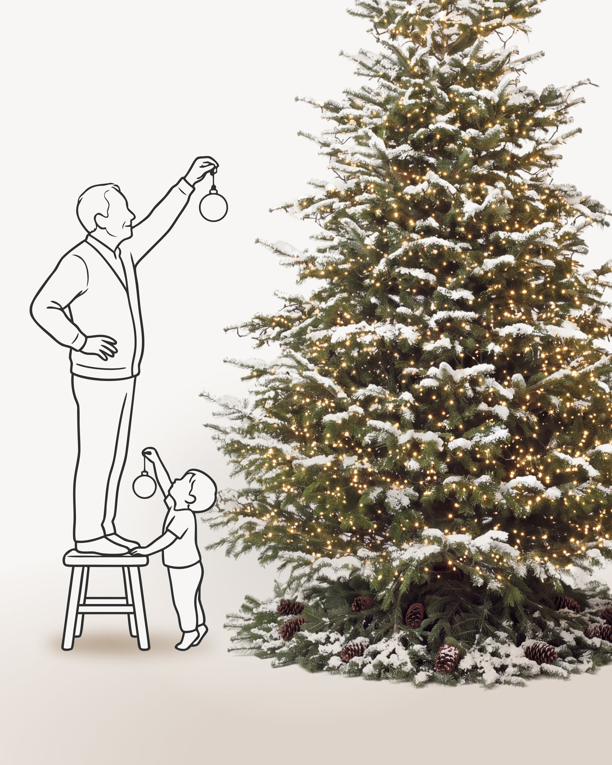 Sapin de Noël Étincelles de 400 cm représenté à l'échelle à côté de silhouettes, pour juger de sa hauteur 