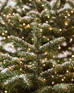 Détail du sapin de Noël Étincelles : petites lumières blanc chaud au cœur des branches enneigées 