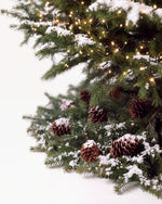 Pied du sapin de Noël Étincelles : branches de sapin posées au sol, pommes de pin et neige artificielle 