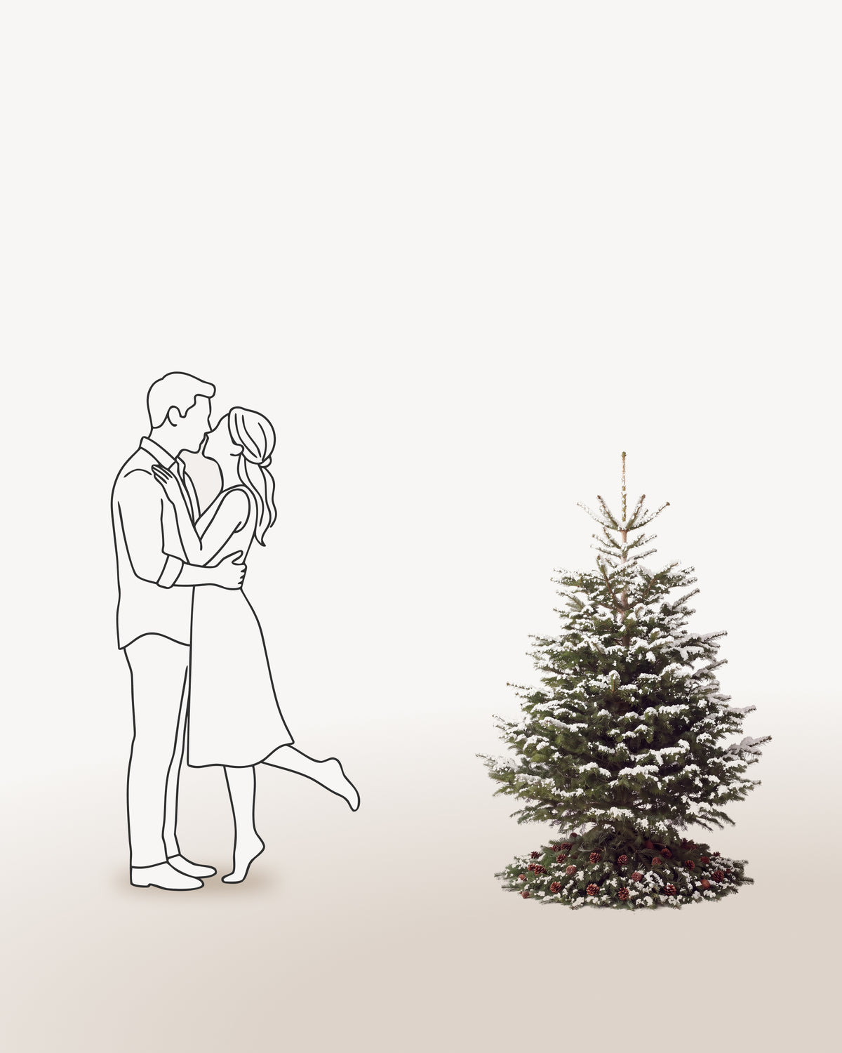 Sapin de Noël Forêt de 150 cm représenté à l'échelle à côté de silhouettes, pour juger de sa hauteur 