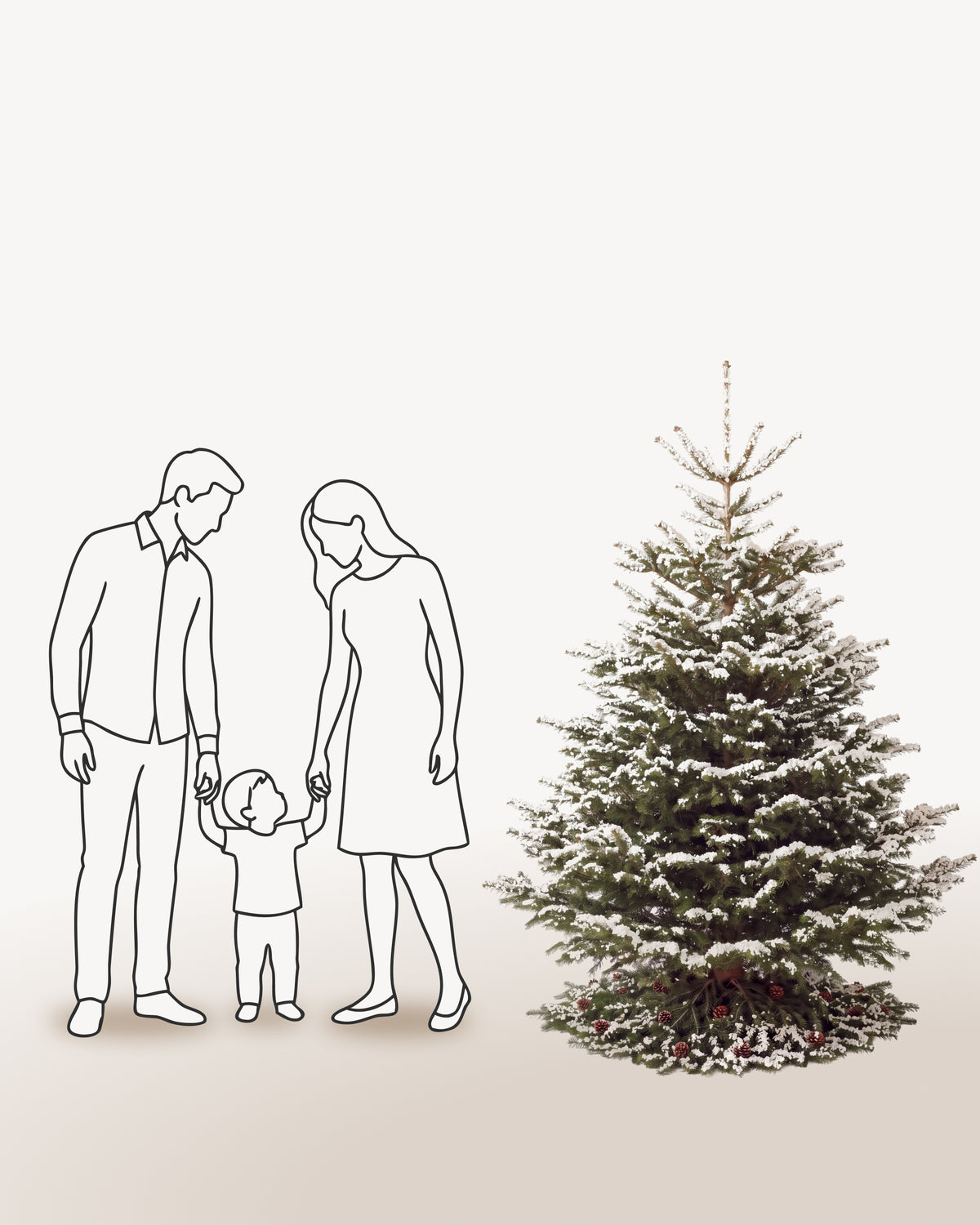Sapin de Noël Forêt de 200 cm représenté à l'échelle à côté de silhouettes, pour juger de sa hauteur 