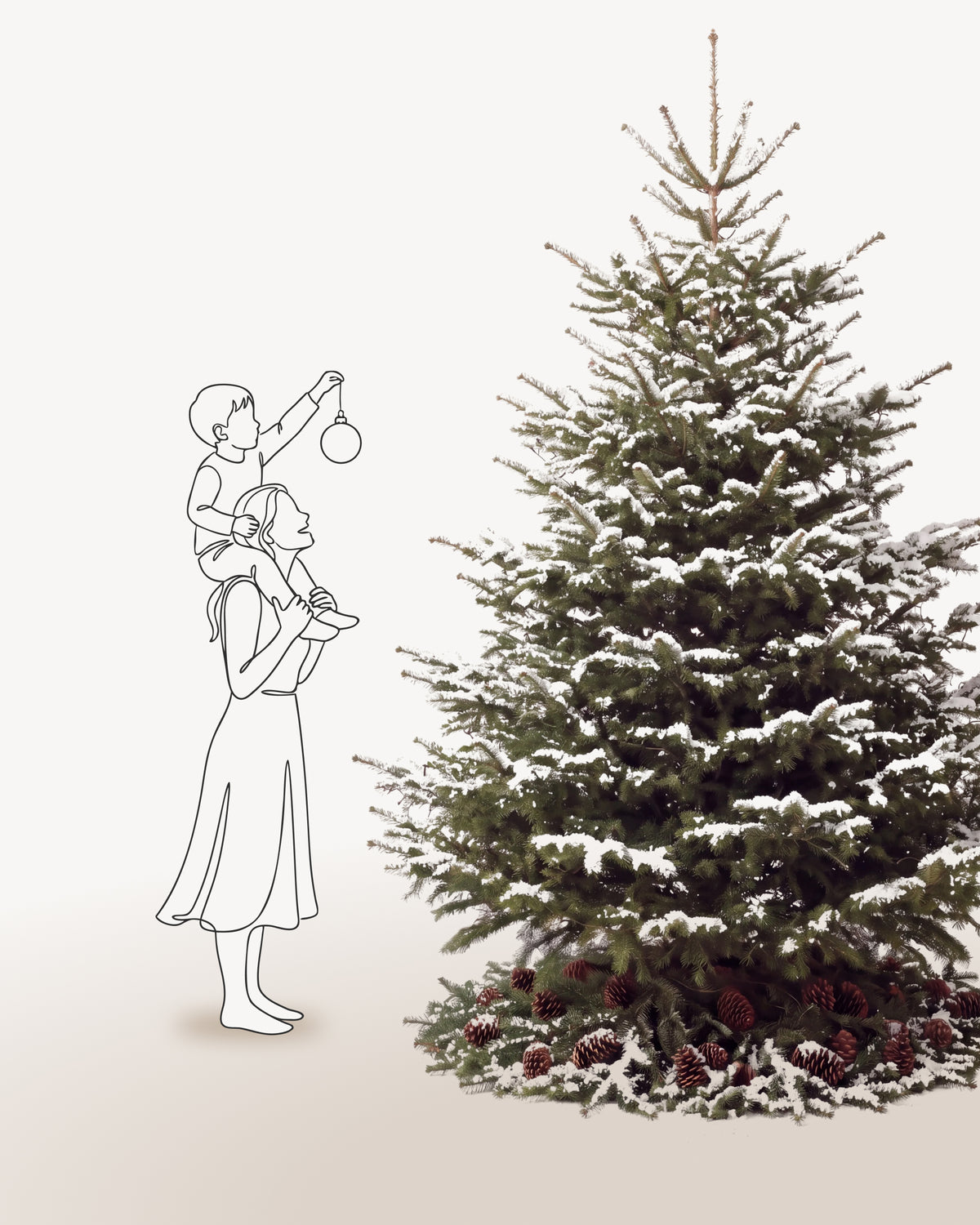Sapin de Noël Forêt de 300 cm représenté à l'échelle à côté de silhouettes, pour juger de sa hauteur 