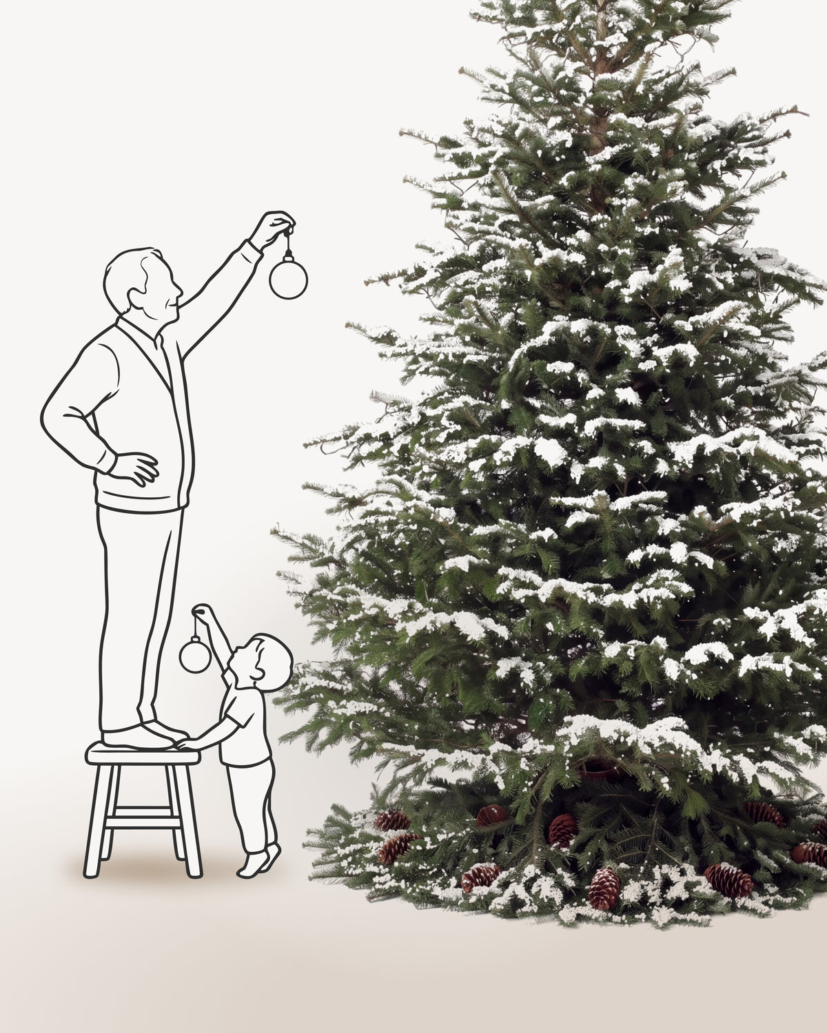 Sapin de Noël Forêt de 400 cm représenté à l'échelle à côté de silhouettes, pour juger de sa hauteur 