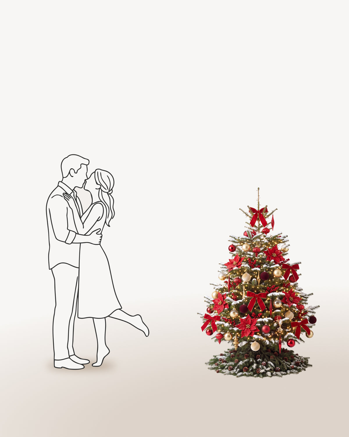 Sapin de Noël Grand Apparat Opéra de 150 cm représenté à l'échelle à côté de silhouettes, pour juger de sa hauteur 