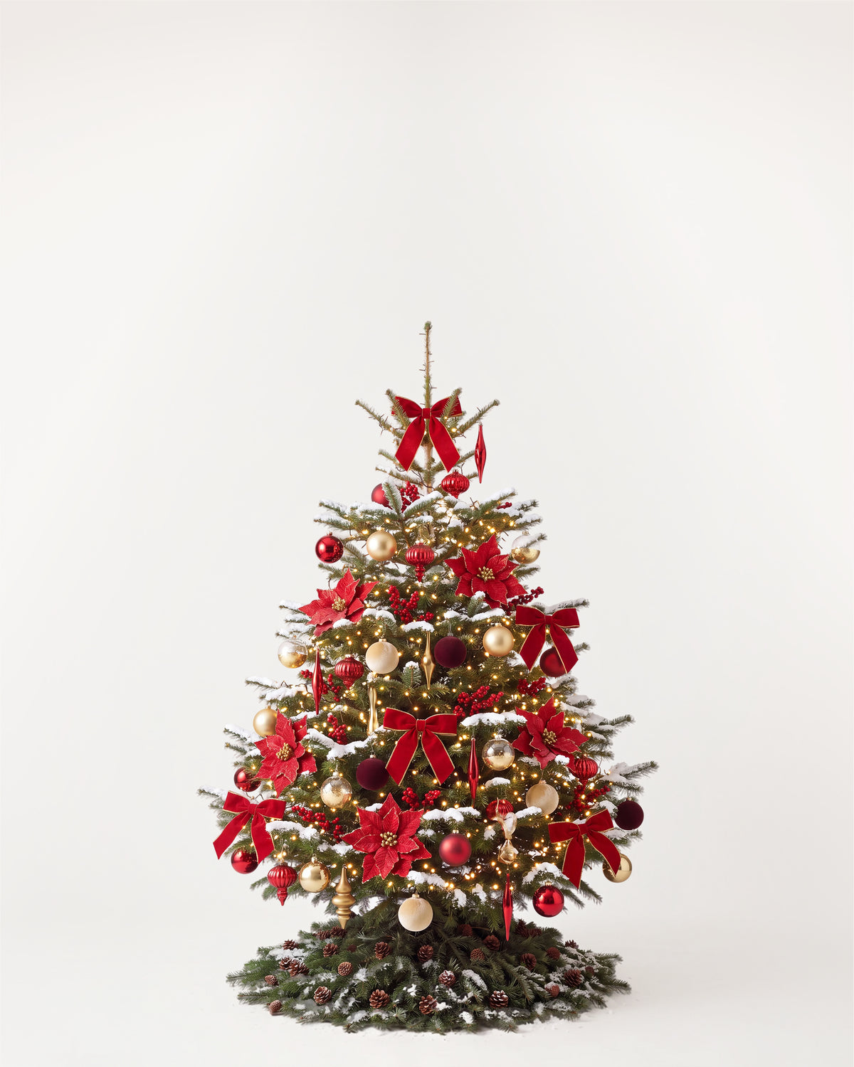 Sapin de Noël Grand Apparat Opéra de 150 cm : nœuds de velours rouge, poinsettias, ilex, boules rouge et or 