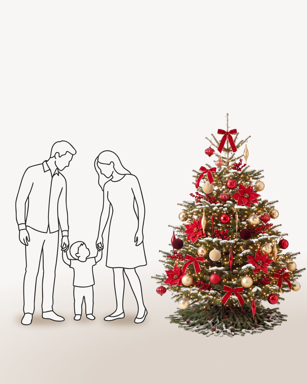 Sapin de Noël Grand Apparat Opéra de 200 cm représenté à l'échelle à côté de silhouettes, pour juger de sa hauteur 