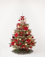 Sapin de Noël Grand Apparat Opéra de 200 cm : nœuds de velours rouge, poinsettias, ilex, boules rouge et or 