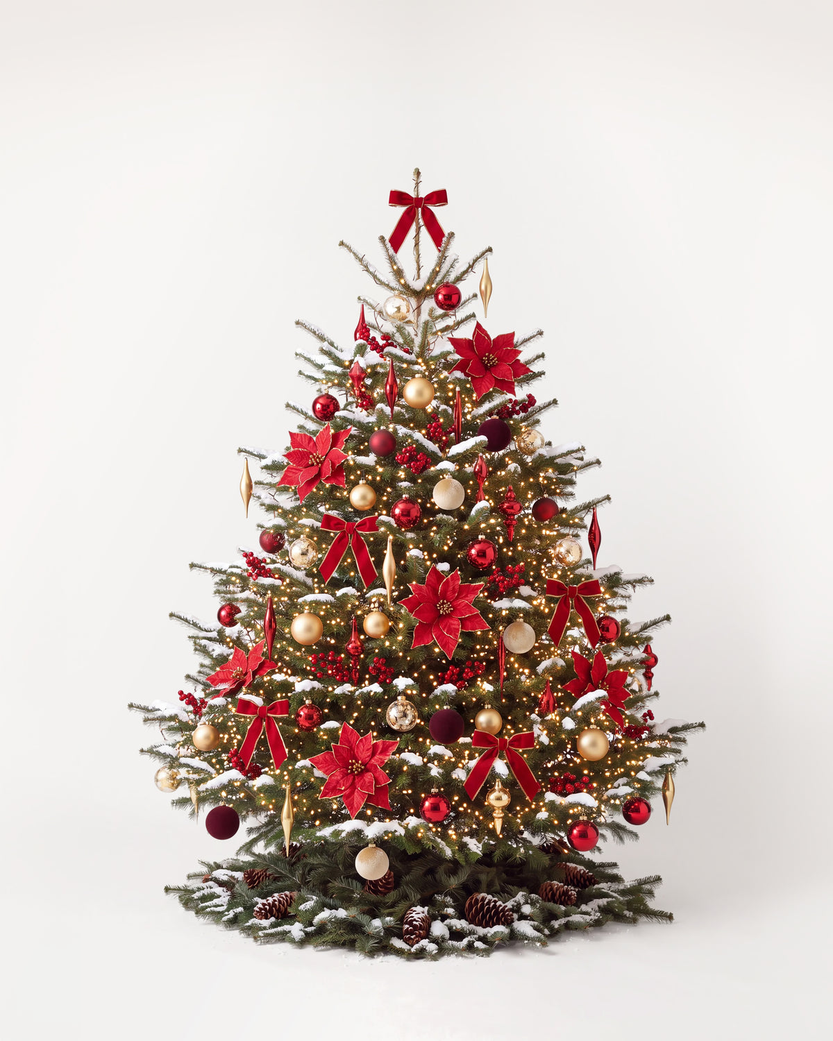 Sapin de Noël Grand Apparat Opéra de 250 cm : nœuds de velours rouge, poinsettias, ilex, boules rouge et or 