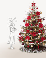 Sapin de Noël Grand Apparat Opéra de 300 cm représenté à l'échelle à côté de silhouettes, pour juger de sa hauteur 