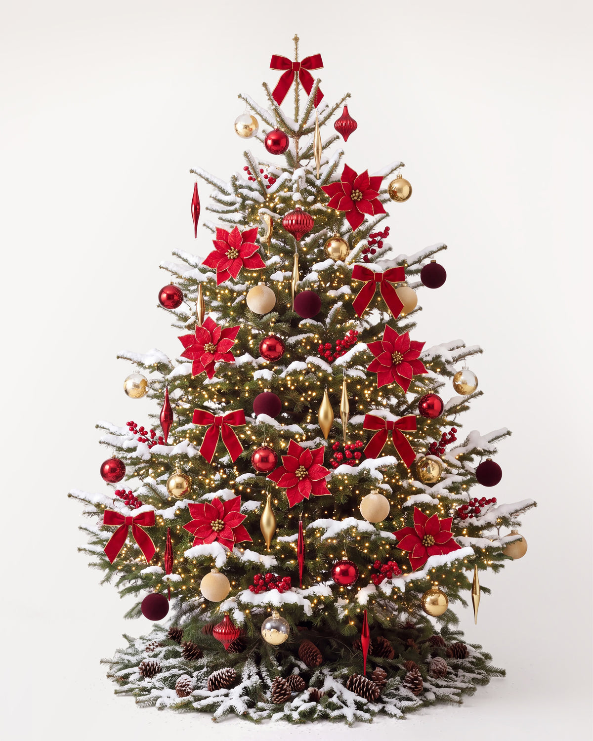 Sapin de Noël Grand Apparat Opéra de 300 cm : nœuds de velours rouge, poinsettias, ilex, boules rouge et or 