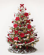 Sapin de Noël Grand Apparat Opéra de 300 cm : nœuds de velours rouge, poinsettias, ilex, boules rouge et or 