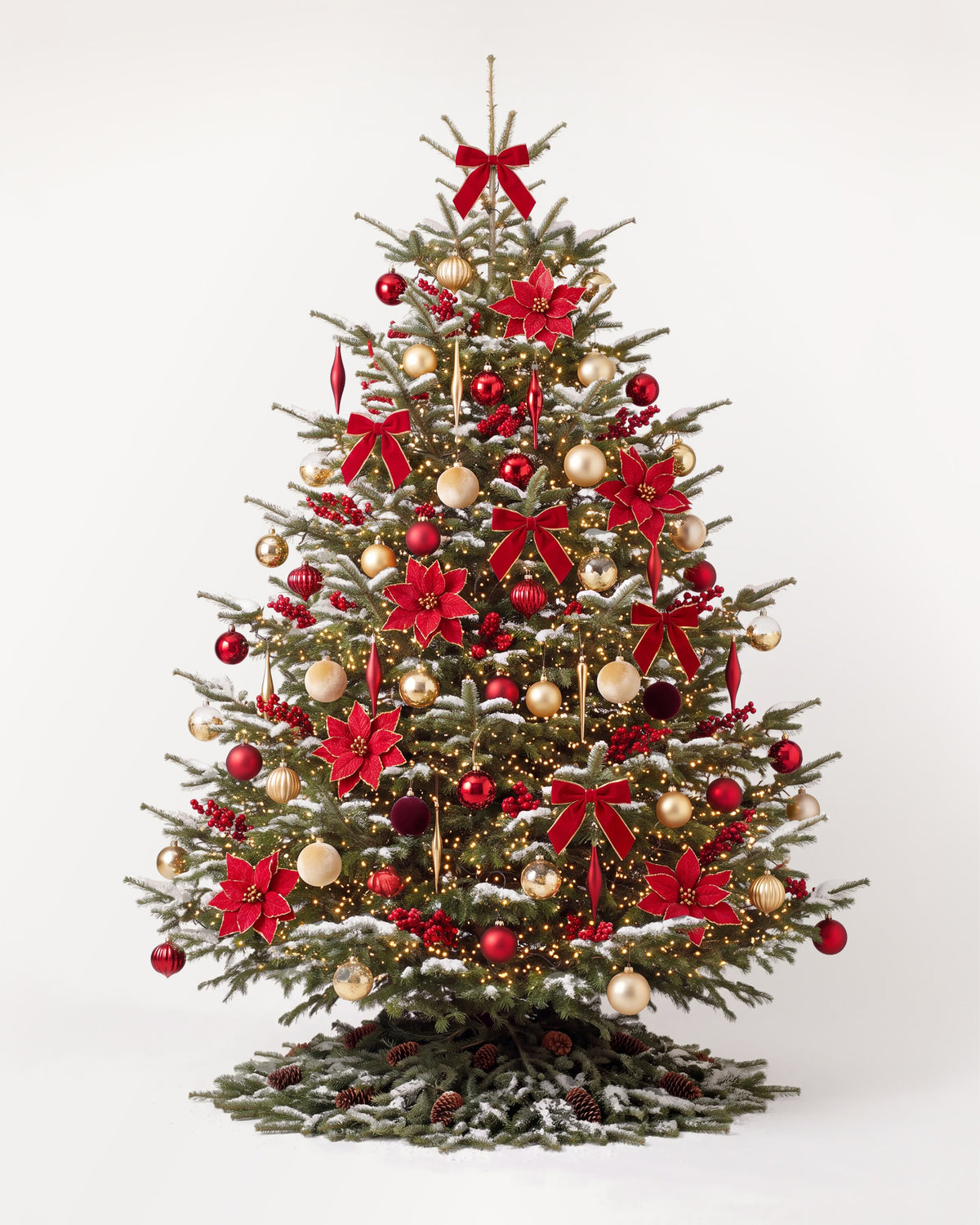 Sapin de Noël Grand Apparat Opéra de 350 cm : nœuds de velours rouge, poinsettias, ilex, boules rouge et or 