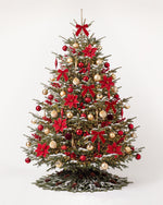 Sapin de Noël Grand Apparat Opéra de 350 cm : nœuds de velours rouge, poinsettias, ilex, boules rouge et or 