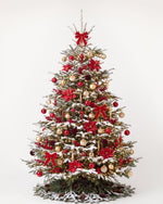 Sapin de Noël Grand Apparat Opéra de 400 cm : nœuds de velours rouge, poinsettias, ilex, boules rouge et or 