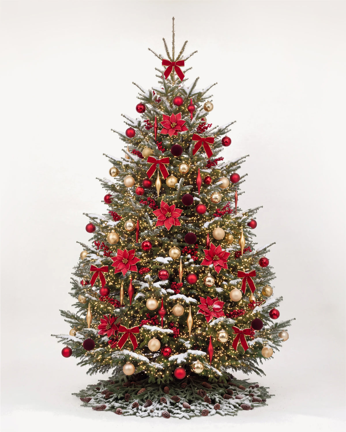 Sapin de Noël Grand Apparat Opéra de 500 cm : nœuds de velours rouge, poinsettias, ilex, boules rouge et or 