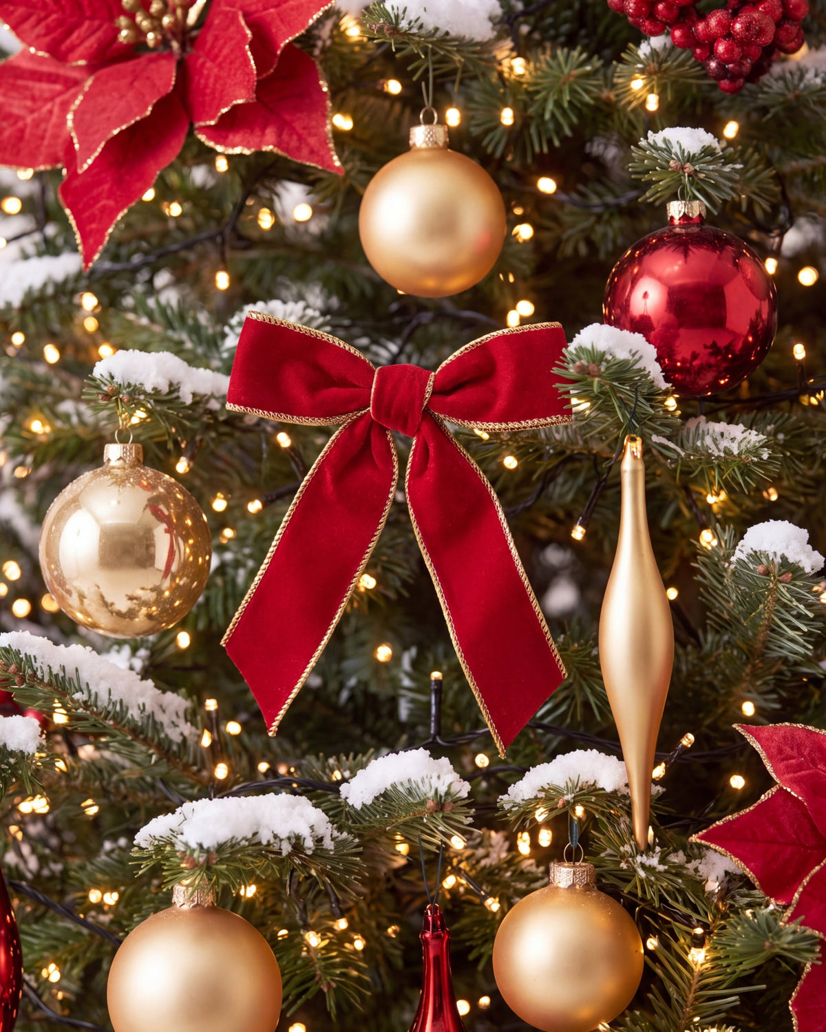 Détail du sapin de Noël Grand Apparat Opéra : poinsettia rouge pailleté et boules rouge et or 