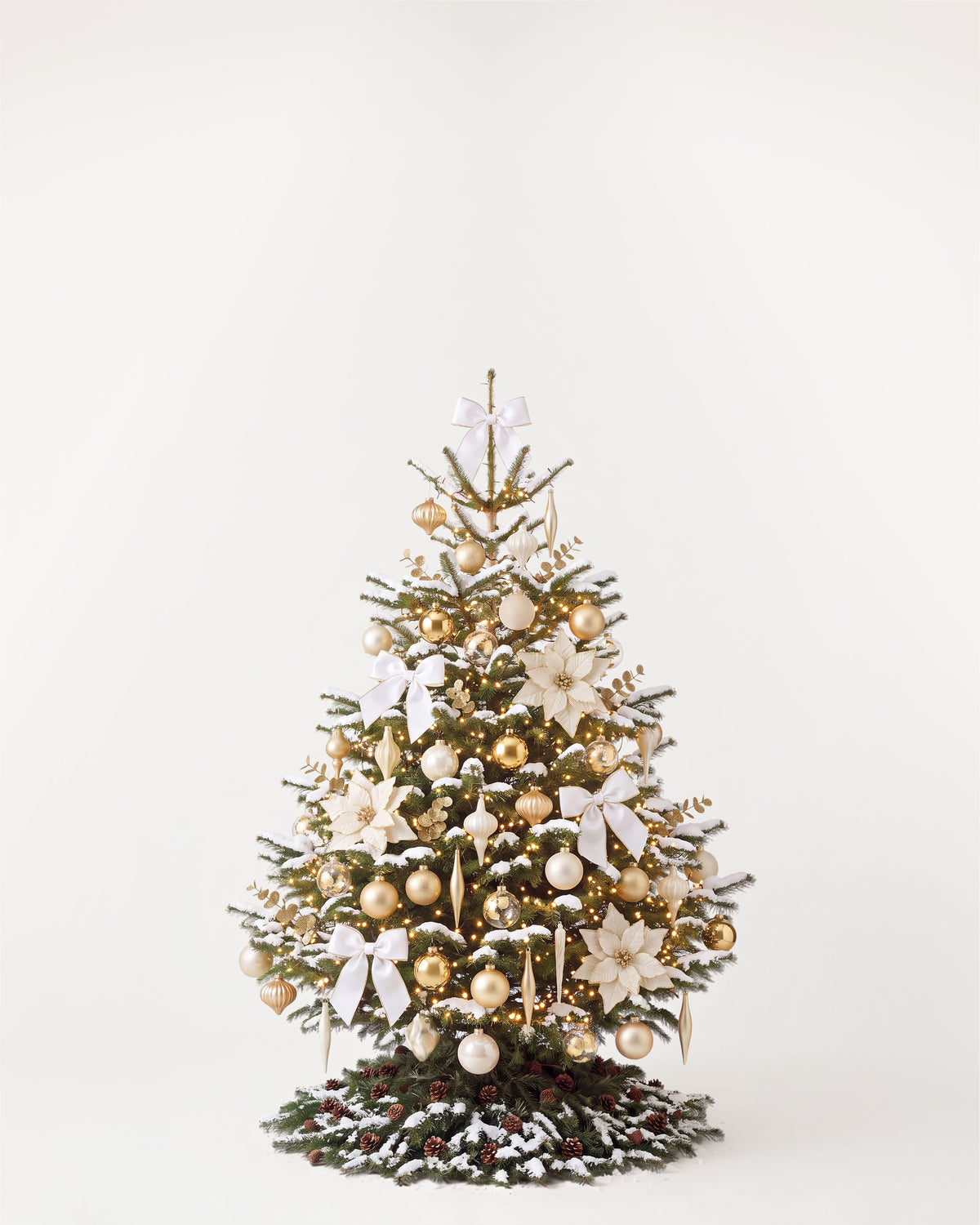 Sapin de Noël Grand Apparat Sacré-Cœur de 150 cm : nœuds de satin blanc, poinsettias ivoire, eucalyptus doré 