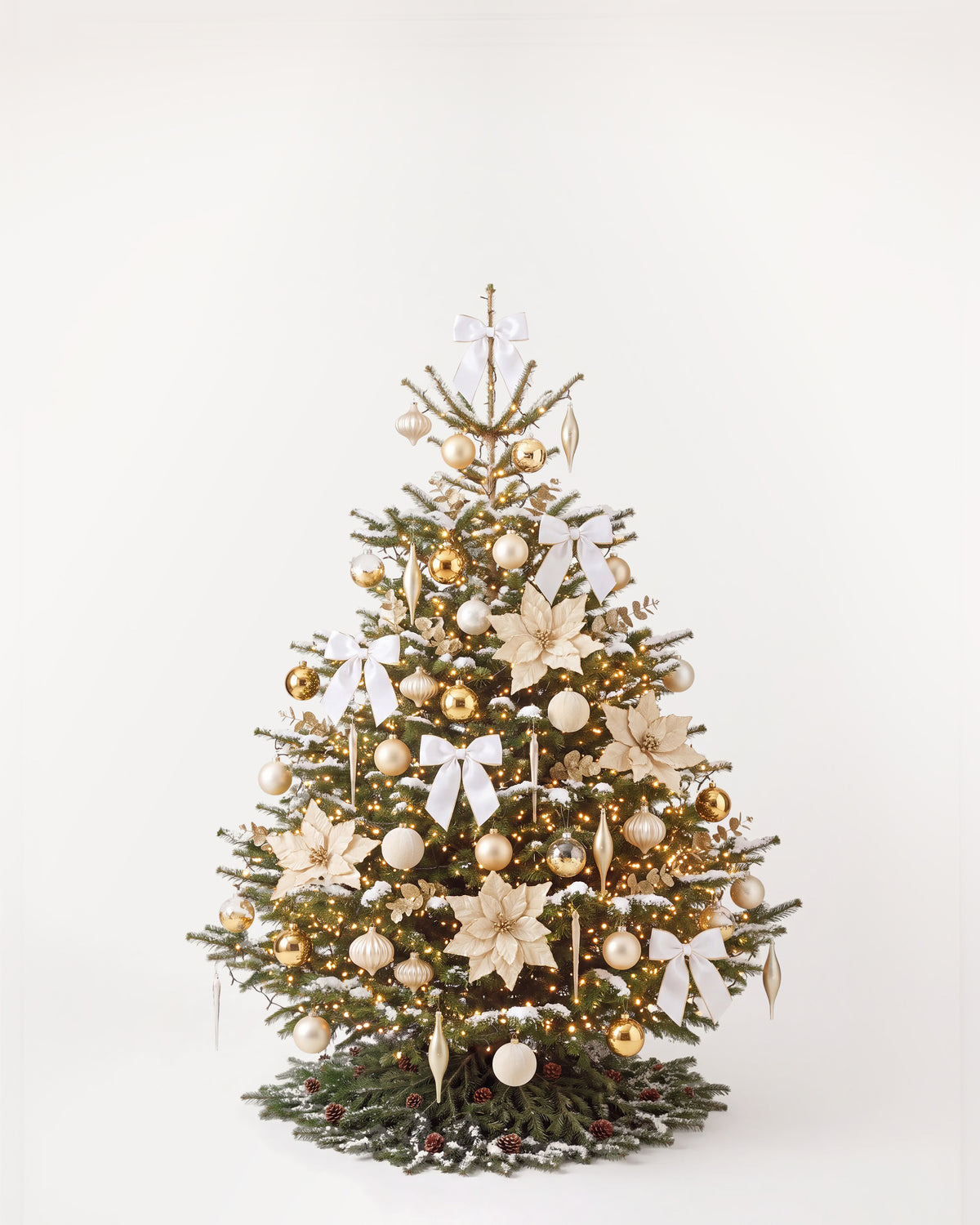 Sapin de Noël Grand Apparat Sacré-Cœur de 200 cm : nœuds de satin blanc, poinsettias ivoire, eucalyptus doré 