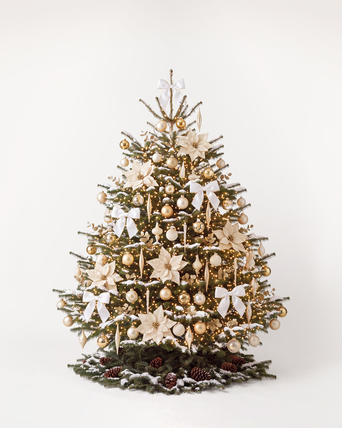 Sapin de Noël Grand Apparat Sacré-Cœur de 250 cm : nœuds de satin blanc, poinsettias ivoire, eucalyptus doré 